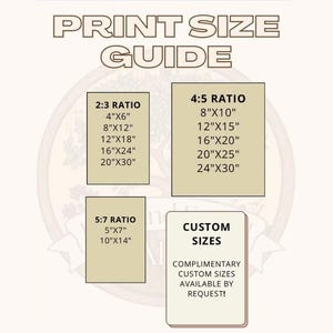 Op de afbeelding: Printformaatgids met beeldverhoudingen 2:3, 4:5 en 5:7. Afmetingen in inches, zoals 4"x6", 8"x10" en 5"x7". Aangepaste formaten op aanvraag. De tekst is in een bruin, vintage lettertype.