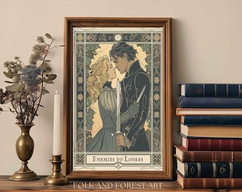 Lámina artística "De enemigos a amantes" – Arte digital de cartas del tarot para la pared, ideal para amantes de los libros, decoración con temática romántica e inspiración literaria.