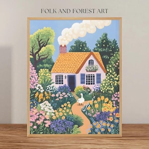 Charming Cottage Garden with Goose | Folk Art Digital Download | Cozy Cottagecore Home Decor | Multiple Sizes Included