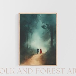 May include: A painting of a couple walking through a foggy forest. The man is wearing a dark jacket and the woman is wearing a red cloak. The path is lined with trees and the fog is thick and white.