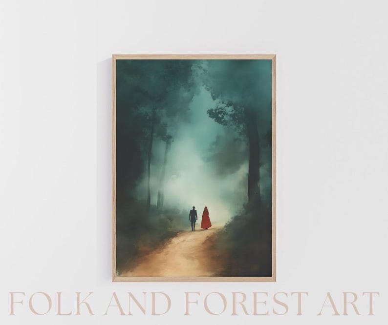 May include: A painting of a couple walking through a foggy forest. The man is wearing a dark jacket and the woman is wearing a red cloak. The path is lined with trees and the fog is thick and white.
