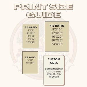 May include: Print size guide with various aspect ratios: 2:3, 4:5, and 5:7. The guide lists print sizes in inches, such as 4"x6", 8"x10", and 5"x7". It also mentions custom sizes are available by request.