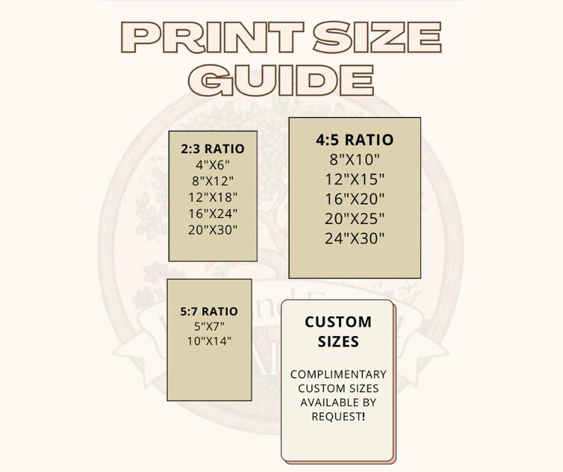 May include: Print size guide with various aspect ratios: 2:3, 4:5, and 5:7. The guide lists print sizes in inches, such as 4"x6", 8"x10", and 5"x7". It also mentions custom sizes are available by request.