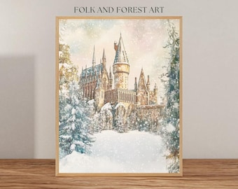 Snowy Witchcraft and Wizardry School Castle Digital Print | Winter Magic Scene | Printable Art Digital Download | Multiple Sizes Included