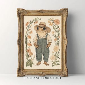 May include: A framed illustration of a toad wearing a straw hat and overalls, standing in a field of flowers. The toad is smiling and has a friendly expression. The flowers are in shades of pink and white. The frame is a rustic brown wood.