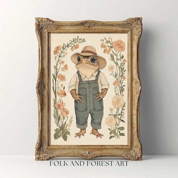 Toad in Overalls Folk Art Print - Whimsical Cottagecore Animal Wall Art, Cozy Nursery or Farmhouse Decor, Digital Download
