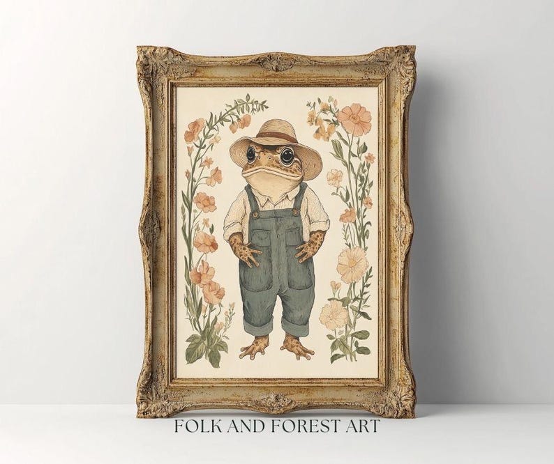 May include: A framed illustration of a toad wearing a straw hat and overalls, standing in a field of flowers. The toad is smiling and has a friendly expression. The flowers are in shades of pink and white. The frame is a rustic brown wood.