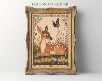 Whimsical Fawn and Butterfly Print | Folk Art Digital Download | Woodland Nursery Decor | Cottagecore Deer Printable | Multiple Sizes
