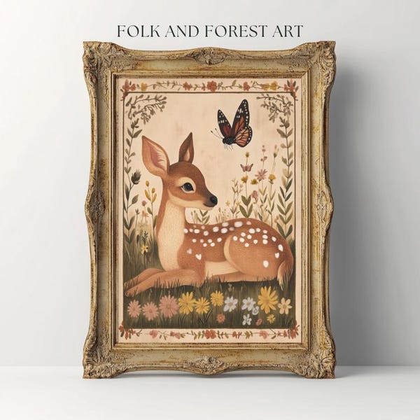 Whimsical Fawn and Butterfly Print | Folk Art Digital Download | Woodland Nursery Decor | Cottagecore Deer Printable | Multiple Sizes