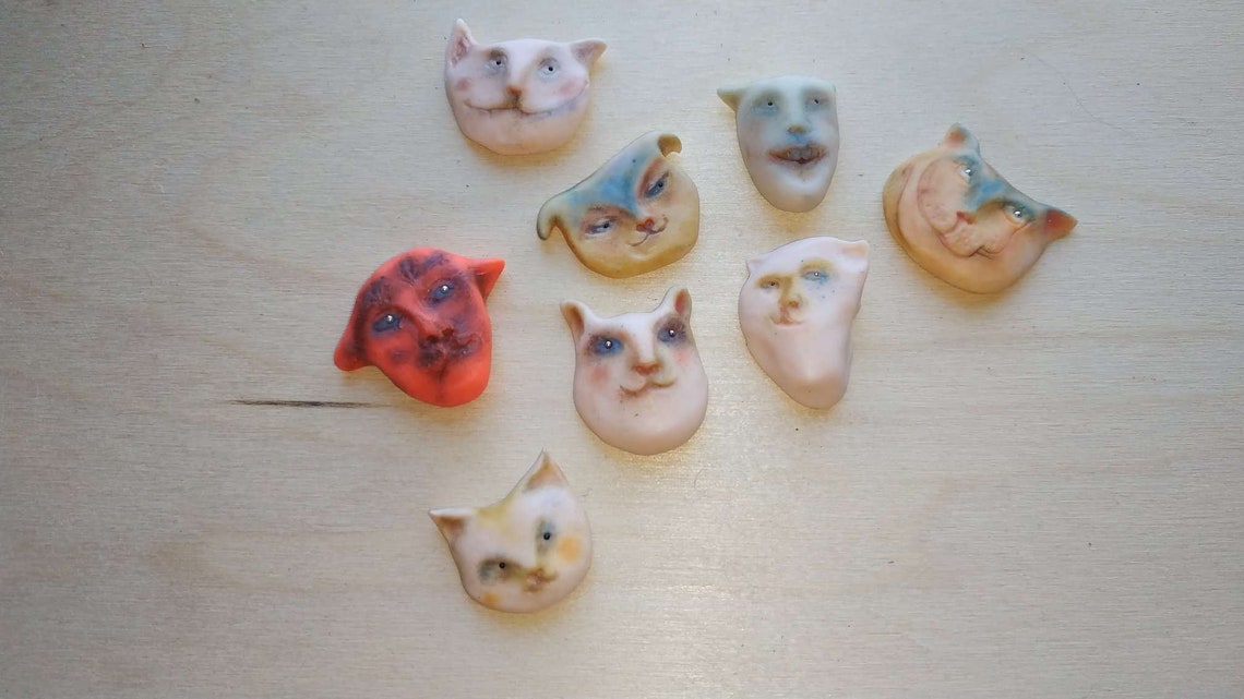 8 Cat Faces Polymer Clay 8 pieces OOAK set for DIY Etsy