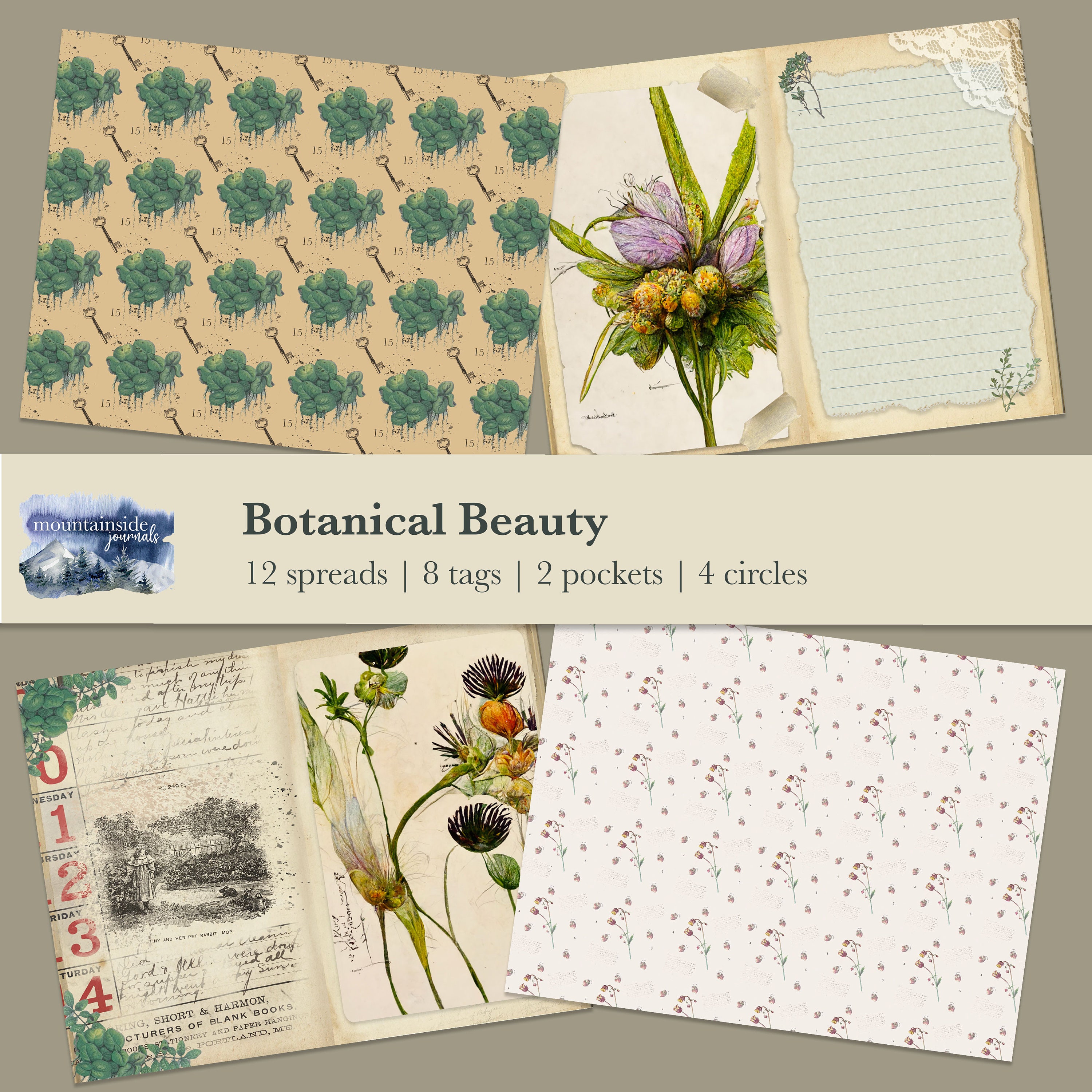 Botanical Beauty Antique Digital Junk Journal Kit Pages Printable ...