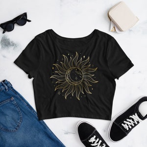 Women's Cropped T-Shirt with a Gold Sun and Moon Design