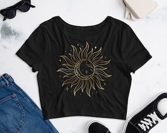 Women's Cropped T-Shirt with a Gold Sun and Moon Design