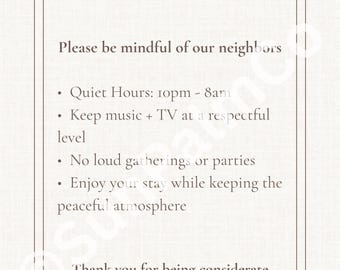 Quiet Hours Sign, noise reminder, airbnb host sign, rental rules wall art, printable
