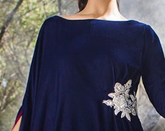 Pink Tulip Pakistani Indian Designer Wear Blue Velvet Kaftan - PR 1079