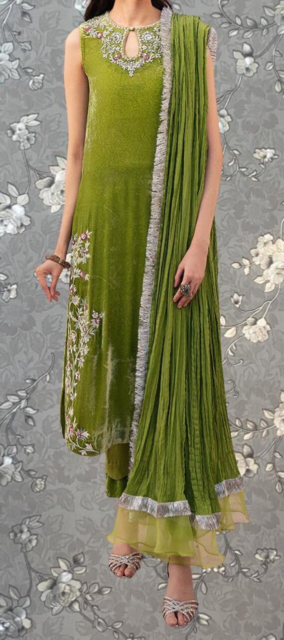 Olive Green Velvet Embroidered Pakistani Dress | Elegant Formal Outfit With Crinkle  Chiffon Dupatta | Pink Tulip PR-0491 - Etsy Israel