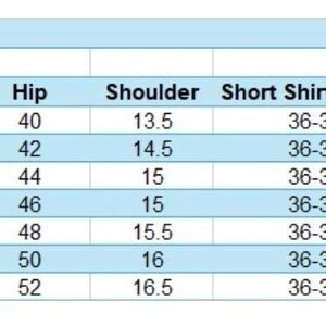 The image is a size chart that provides measurements for various clothing items such as bust, waist, hip, shoulder, short shirt length, long shirt length, pant length, and xxxlarge.