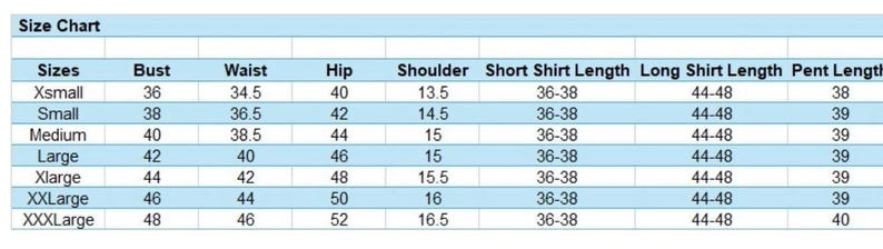 The image is a size chart that provides measurements for various clothing items such as bust, waist, hip, shoulder, short shirt length, long shirt length, pant length, and xxxlarge.