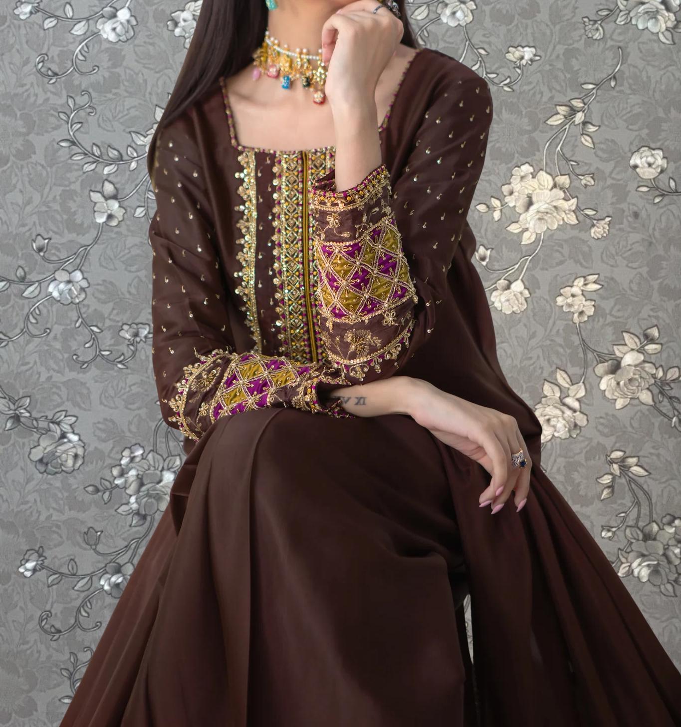 brown dress pakistani Golden Brown Pakistani Maxi Dress - Luxury Embroidered Wedding Guest Outfit - Indian Style Formal Wear