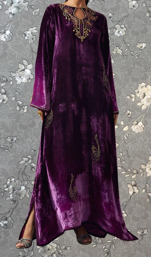 Purple Velvet Embroidered Kaftan Dress | Luxury Formal Wear by Pink Tulip | Model PR-0455