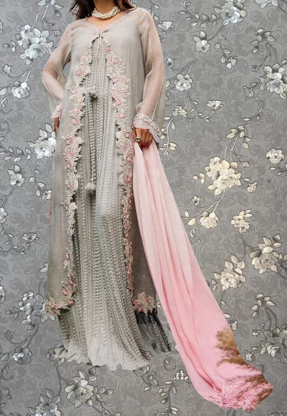 luxury custom embroidered formal dresses Elegant Grey & Pink Dress Ecom Style:MD1E209951