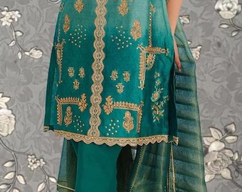 Elegant Turquoise Embroidered Tunic Set with Chikan Work | Traditional Women’s Ethnic Wear Pink Tulip Model PR-0211