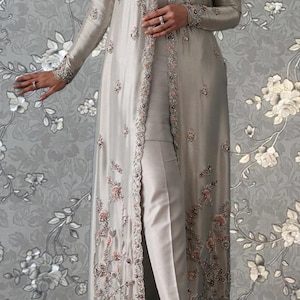 Silver Long Embroidered Jacket Suit | Pakistani Formal Set | Pink Tulip PR-0163
