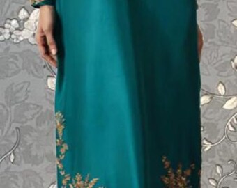 Vestido longo bordado azul-petróleo - Design floral elegante | Traje tradicional indiano | Modelo PR-0253