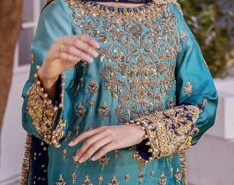 Pink Tulip Blue Embroidered Wedding Dress - PR-0152