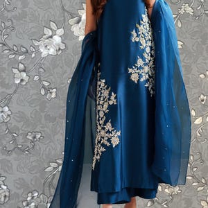 Teal Blue Embroidered Long Kurta with Dupatta | Elegant Floral Party Wear Dress | Pakistani Formal Outfit by Pink Tulip PR-0481