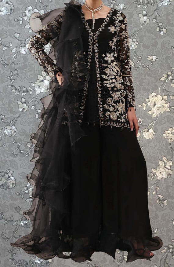 black formal pakistani dresses Elegant Embroidered Dress With Organza Dupatta | PR-0373 Collection: DEFINING MOMENTS