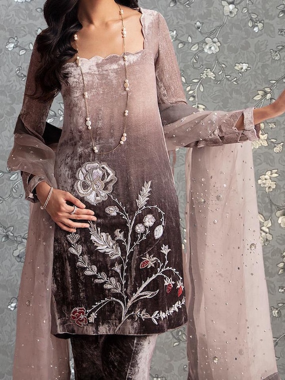 Foggy Grey Velvet Embroidered Suit With Dupatta | Elegant Pakistani Formal Dress by Pink Tulip | PR-0490