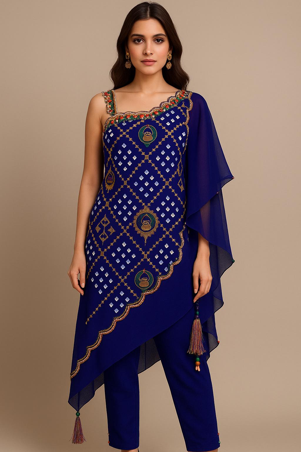 Royal Blue One-Shoulder Cape Style Chundri Silk Outfit | 3-Piece Embroidered Pakistani Formal Wear | Ready-to-Wear Festive Party Dress