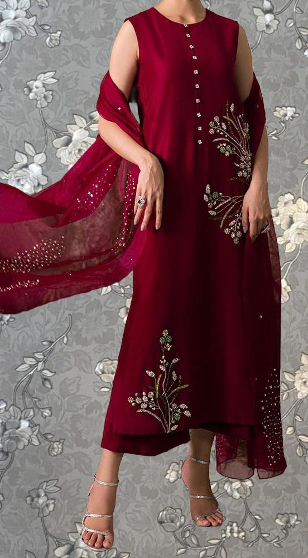 Burgundy Embellished Pakistani Dress With Chiffon Dupatta – Model PR-0266
