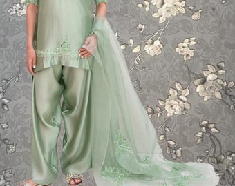 Mint Green Silk Embroidered Pakistani Shalwar Kameez Set with Dupatta – Pink Tulip PR-0410