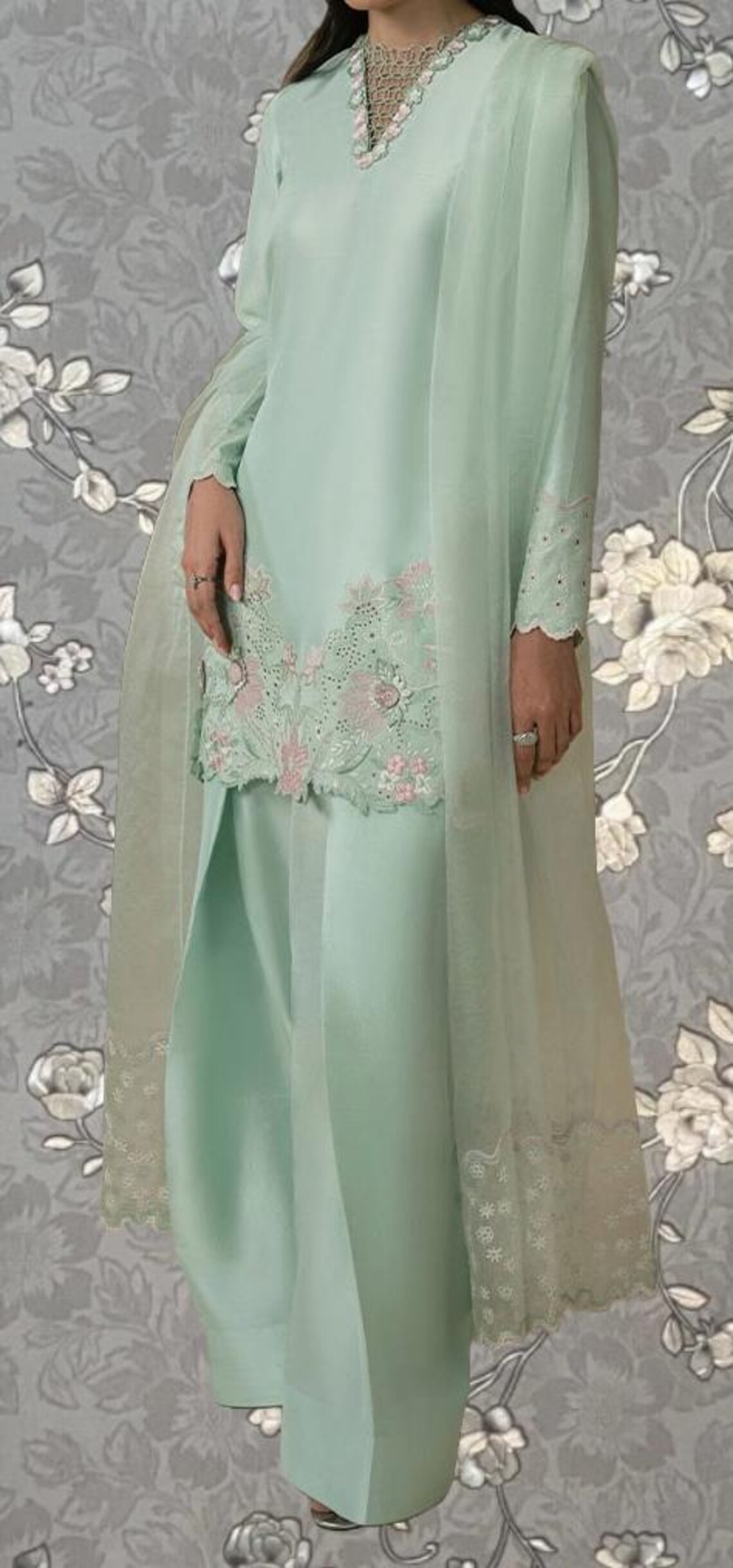 Pakistani dress Mint green with multicolour print