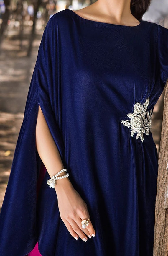 Pink Tulip Pakistani Indian Designer Wear Blue Velvet Kaftan PR 1079