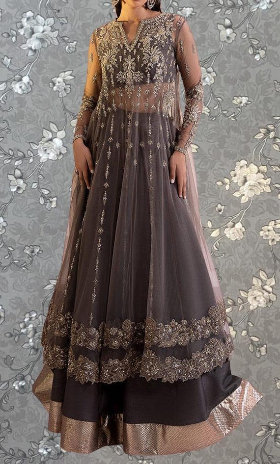 Charcoal Grey Embroidered Gown with Net Overlay | Pakistani Formal Dress | Pink Tulip PR-0321