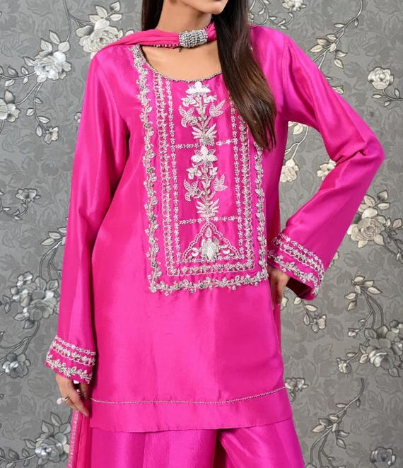 Fuchsia Embroidered Dress with Pants & Pouch - Designer Formal Wear Pink Tulip PR-0317 Fuchsia Embroidered Dress with Pants & Pouch - Designer Formal Wear Pink Tulip PR-0317