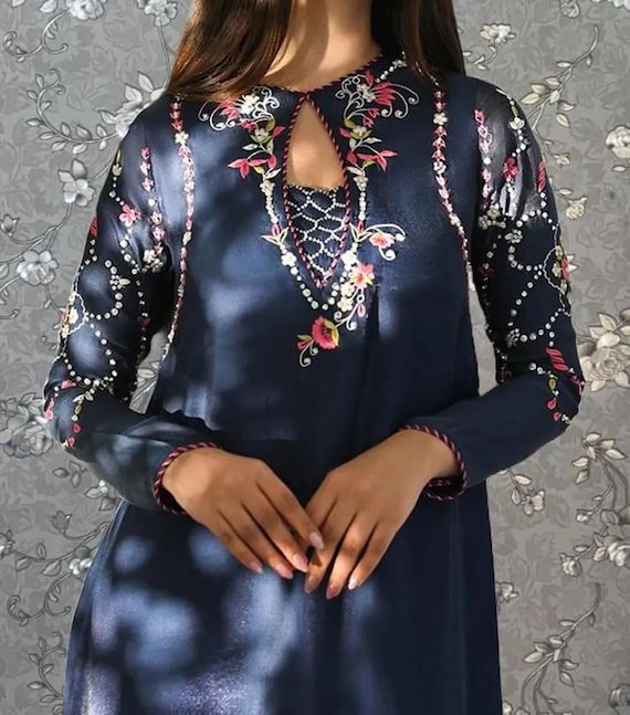 Navy Blue Embroidered Long Kaftan Dress With Dupatta  Modest Formal Gown |  Pink Tulip PR-0169 - Etsy