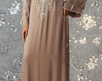 Embellished Kaftan Dress | Formal Evening Kaftan Hand-Embroidered Maxi Dress Modest Party Wear Elegant Long Kaftan Gown Pink Tulip PR-0516