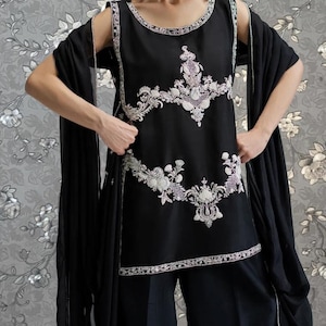 Black Sleeveless Embroidered Suit with Dupatta – Pakistani 3-Piece Formal Set | Pink Tulip PR-0176