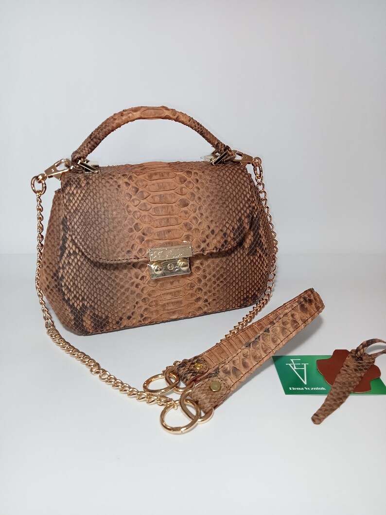 Women Exotic Bag, Python Skin Bag, Small Brown Handbag, Python Leather ...