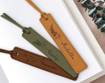 Personalized Leather Bookmark for Women - Custom Name Bookmark with Birth Month Flower for Book Lover Gift Valentine Day Gift PU leather