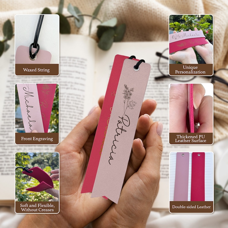 Personalized Leather Bookmark for Woman Custom Name Book Mark with Birth Month Flower Book Accessory Gift for Reader Book Lovers Gift zdjęcie 4