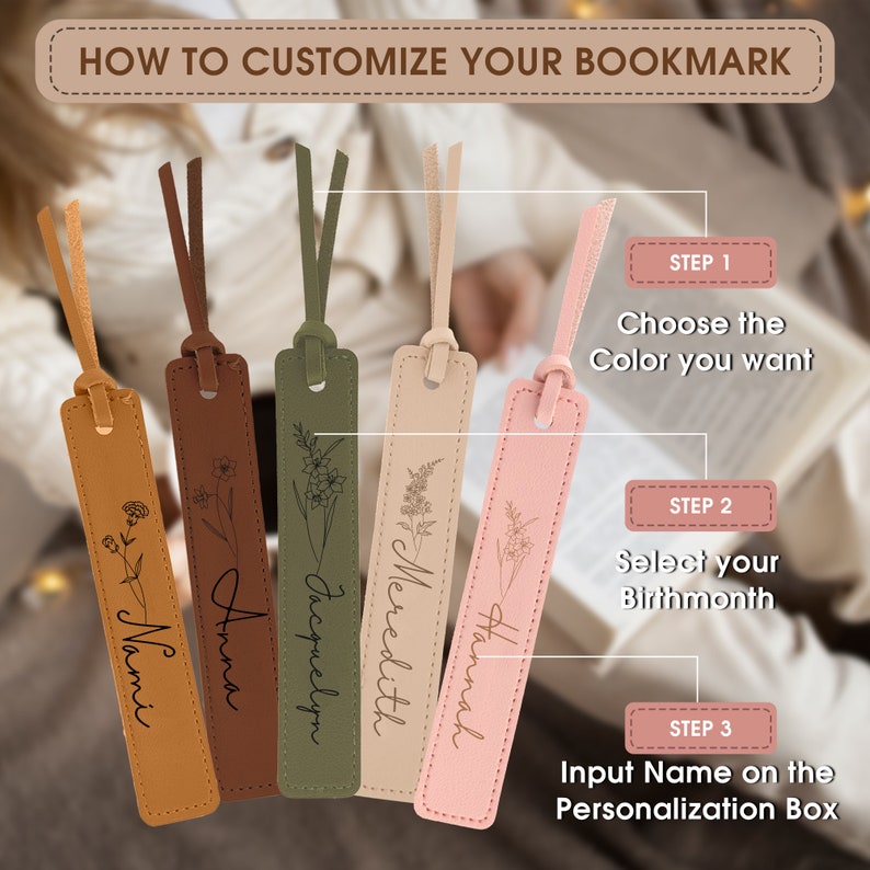 Personalized Leather Bookmark for Mother Custom Name Bookmark with Birth Month Flower for Book Lover Gift Valentine Day Gift PU leather image 9