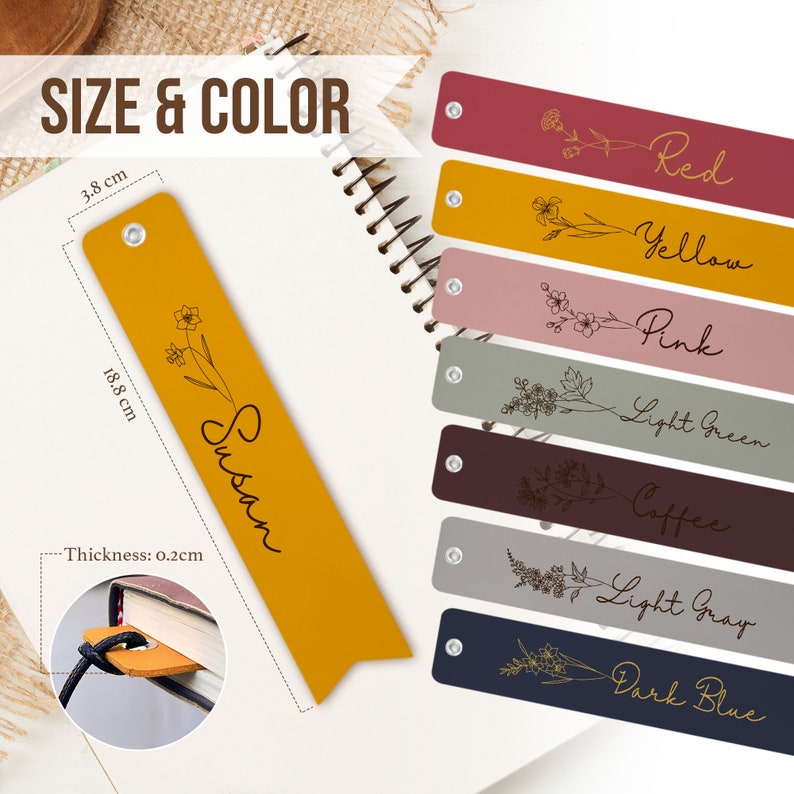 Personalized Leather Bookmark for Woman Custom Name Book Mark with Birth Month Flower Book Accessory Gift for Reader Book Lovers Gift zdjęcie 3