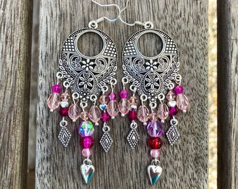 Beautiful Silver Hot Pink Crystal Bohemian Chandelier Earrings, Handmade Unique Pink Boho Earrings,Valentine Gift for Her, Birthday Gift Her