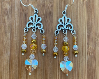Pretty Silver Crystal Heart Yellow Golden Chandelier Earrings, Handmade Unique Sparkling Earrings, Birthday Gift her, Valentine Gift Her