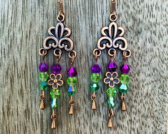 Pretty  Vintage Style Red Copper Green Purple Flower  Boho Chandelier Earrings,Handmade Unique Feminine Bohemian Earrings,Birthday Gift Her